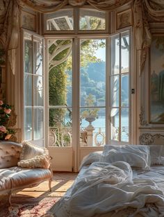 a bedroom with a large window and a bed in it's corner, overlooking the water