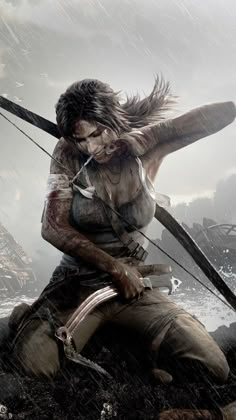 a woman in the rain with her bow and arrow