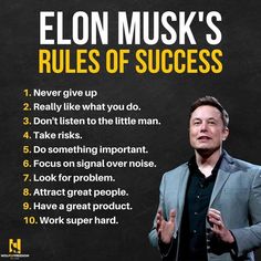 a man standing in front of a blackboard with the words elon musk's rules of success