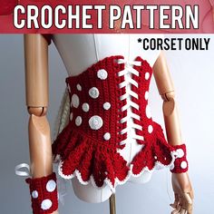 a crocheted skirt and leg warmers on a mannequin torso with text overlay that reads, crochet pattern corset only