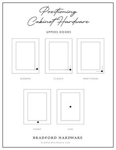 four different types of doors with the names and numbers for each door, in black on white