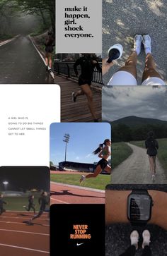 a collage of photos with people running, jogging and texting on the image