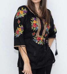 Folk embroidery blouse ♥  also in Oversized Flower embroidery Blouse ♥  Dimensions: S : Bust 96 cm / 38 "inch , Length 62 cm / 24" inch M: Bust 100cm / 39"inch , Length 62 cm / 24"inch L: Bust 110 cm/ 44"inch , Length 63 cm/ 25"inch XL: Bust 115 / 45"inch , Length 63 cm/ 25"inch XXL : Bust 120 / 47"inch, Length  63 cm/ 25"inch 3XL : Bust 125 / 49"inch, Length 63 cm / 25"inch 100% cotton You can maintain the brilliance of the colours and the beauty of the embroidery by washing in the washing mach Blouse Elegant, Folk Embroidery, Cotton Gifts, Elegant Blouses, Embroidery Blouse, Cotton Blouse, Flower Embroidery, Cotton Blouses, Embroidery Flowers