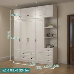 the room is full of white cupboards and shelves with measurements for each shelf in it