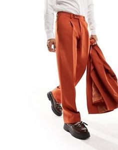 Viggo waffle suit pants in burnt orange | ASOS Fitted Orange Pants For Formal Occasions, Fitted Orange Formal Pants, Elegant Orange Pants For Fall, Elegant Orange Fall Pants, Orange Workwear Pants With Pockets, Formal Orange Trousers, Orange Workwear Bottoms With Pockets, Formal Orange Pants For Spring, Orange Formal Bottoms For Spring