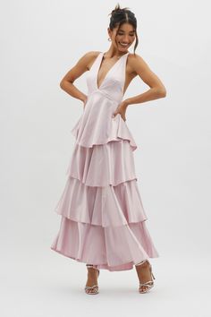 Auguste Tiered Frill Strappy Back Dress Blush Strappy Back Dress, Prom 2023, Selfie Leslie, Iron Material, Dress Satin, Satin Midi Dress, Basic Dress, Nude Heels, Back Dress