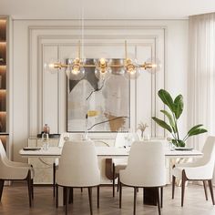 an elegant dining room with white chairs and a large painting on the wall behind it