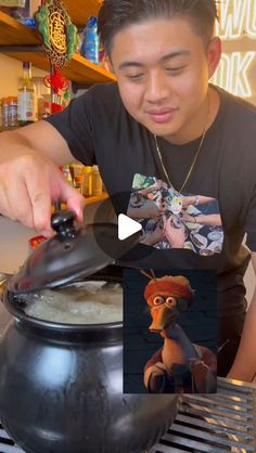 a man cooking food in a pot on top of a grill with an animated character