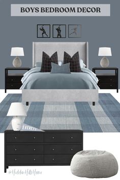 an image of a bedroom with blue and gray decor on the bed, nightstands and lamps