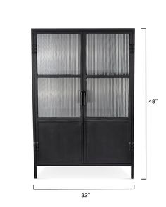 a tall black cabinet with glass doors on the front and bottom, measurements for each door