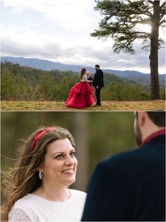 a couple standing next to each other in front of a tree and another man looking at the camera