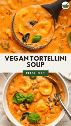 two bowls of vegan tortellini soup with spinach and basil on top