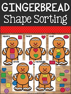 the gingerbread shape sorting game is shown in three different pictures and has hearts on it