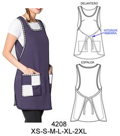 a women's apron with pockets, front and back views showing the pattern for an apron