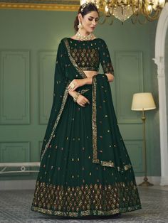 Green Chaniya Choli, Lehenga Green, Sequins Lehenga, Green Lehenga Choli, Gold Lehenga, Bridal Lehenga Online, Choli Blouse, Georgette Lehenga, Wedding Lehenga Choli