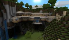 a minecraft house built into the side of a mountain with lots of trees and bushes