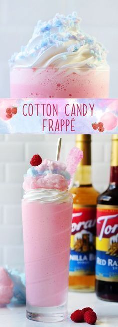 cotton candy frappe drink with whipped cream and raspberries on the rim next to bottles of soft drinks