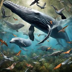 an artist's rendering of a humpback whale surrounded by fish