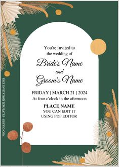 an elegant wedding card with palm leaves and gold confetti on the border, in green