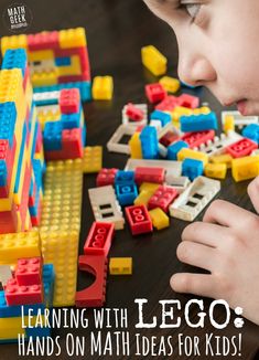 a young boy playing with legos on a table that says learning with lego hands on math ideas for kids