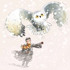 an owl flying over a woman in a wintery scene with snow on the ground