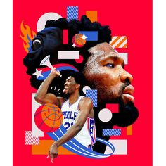 an image of a basketball player with his hair in the air and other sports related items around him