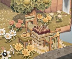 a painting of flowers surrounding a table and chairs with a waterfall in the back ground