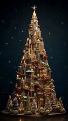 a christmas tree made out of buildings and trees