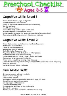 the printable worksheet for preschool checklist ages 3 - 5 is shown