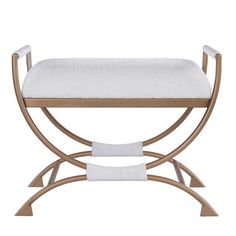 a wooden bench with a white cushion on it