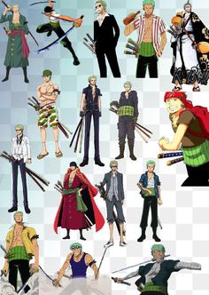 an image of anime characters with different poses and hair styles, all holding their swords