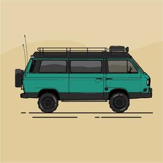 an illustration of a green van with a surfboard on it's roof rack