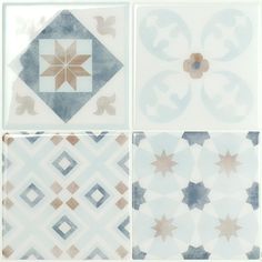 four tiles with different designs on them, all in shades of blue and beiges