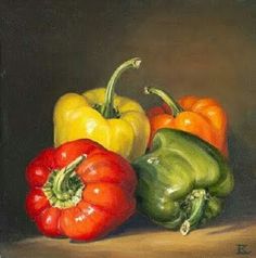 three peppers are shown in this oil painting