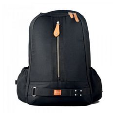 a black backpack with an orange tag on it