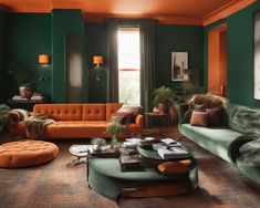 a living room with green walls and orange furniture in the center, along with an ottoman