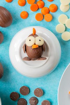 chocolate candies are arranged around an owl on a plate