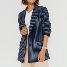 Not Your Average Boyfriend Blazer. Stay Stylish And Cool (Literally) In Every Meeting With Body-Temperature Regulating Fabric. Crafted With Stretchy Coffee Pont Fabric And 25 Recycled Water Bottles For Anti-Odor And Moisture-Wicking Properties. White Relaxed Fit Blazer For Fall, Spring Striped Blazer For Business Casual, Striped Blazer For Spring Workwear, Navy Cotton Blazer For Spring, Spring Navy Cotton Blazer, Tailored Navy Outerwear For Spring, Casual Striped Outerwear For Work, Navy Blazer For Spring Workwear, Casual Tailored Striped Blazer