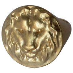 18 Karat Yellow Solid Gold Leo Lion Head Signet Ring, Tiffany designer, Thomas Kurilla created this for a custom order. The king of the jungle, fearless , dominating, and territorial. They will fight to their death. A solid 18 Karat Yellow Gold Leo Lion Ring , Matte finish or High polish. Men's size 10. women's sizing Available! This is hand sculpted. I am really a sculptor at heart and drifted in to fine jewelry. Made in to order in New York City. Please allow 3 -4weeks delivery. top diameter is 23 x 21.5 mm Custom made to fit. stamped 18k. Rings Signet, Sapphire Cocktail Ring, Leo Lion, Lion Ring, Gold Lion, Diamond Fashion Rings, Signet Rings, Contemporary Ring, Diamond Cocktail Rings