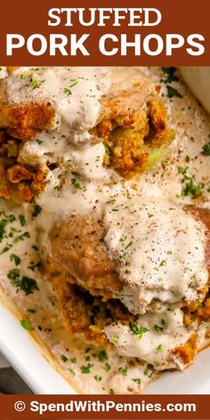 this is an image of stuffed pork chops with gravy