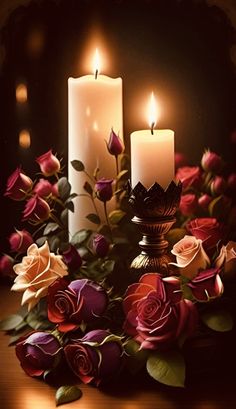 two candles with roses in front of them