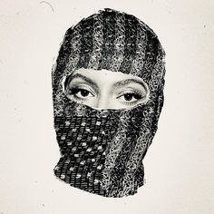 a drawing of a woman's face wearing a black and white scarf over her head