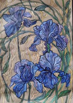 a painting of blue flowers with green stems