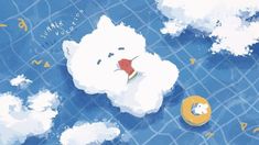 there is a polar bear floating in the water with clouds and other things around it