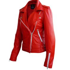 The first thing that will come to your mind after laying eyes on this beautiful women red Brando with zippers leather jacket is sheer class and premium quality. The jacket is designed with meticulous attention to detail in terms of both style and form fitting. Made with 100% genuine leather, the jacket also comes with a shiny gleam and deep matte finish to give it a more luxurious look and feel. One of the best features of the jacket is undoubtedly the Brando-style lapel at the center with side zip. The lapels, each have one stud epaulette. Moreover, with a traditional wide, biker collar, the jacket also has fitted shoulder straps. With zipped sleeves, and zipped pockets (one on each side), another feature that makes the jacket stand out are the dual adjustable straps on the torso on each Red Jacket Leather, Stylish Leather Jacket, Punk Woman, Studded Jacket, Real Leather Jacket, Leather Skin, Genuine Leather Jackets, White Jacket, Zipper Jacket