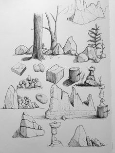 a drawing of rocks and trees in the woods