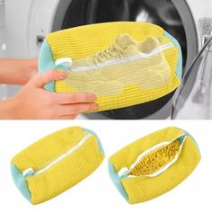 a person holding a yellow shoe in front of a washer