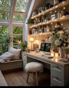 a home office with lots of plants and lights on the shelves, along with a window seat