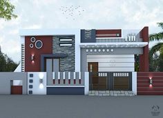 this is an artist's rendering of a modern style house with red, white and blue accents