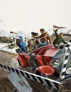 a painting of people in an old fashioned car